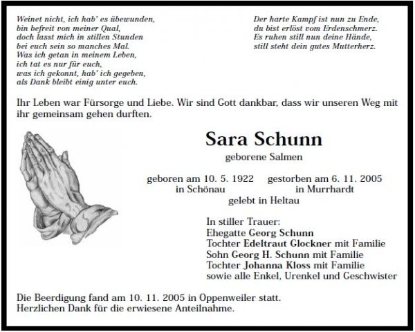 Salmen Sara 1922-2005 Todesanzeige